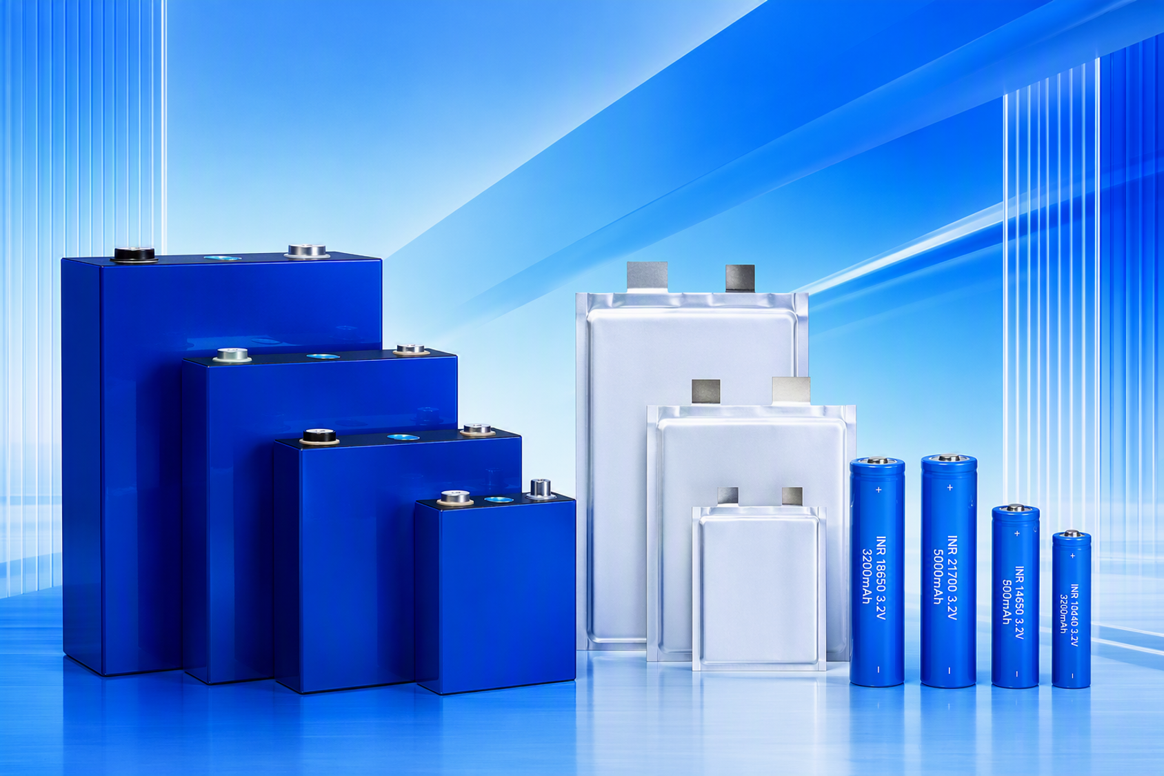Lithium cell lineup including cylindrical, prismatic, and pouch formats
