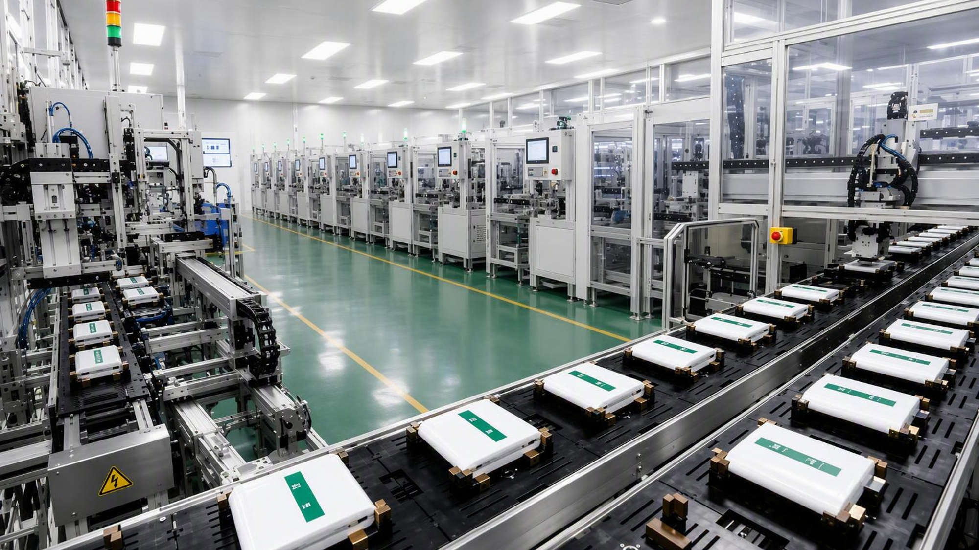 Automated lithium cell production line with inline equipment and controlled manufacturing stations