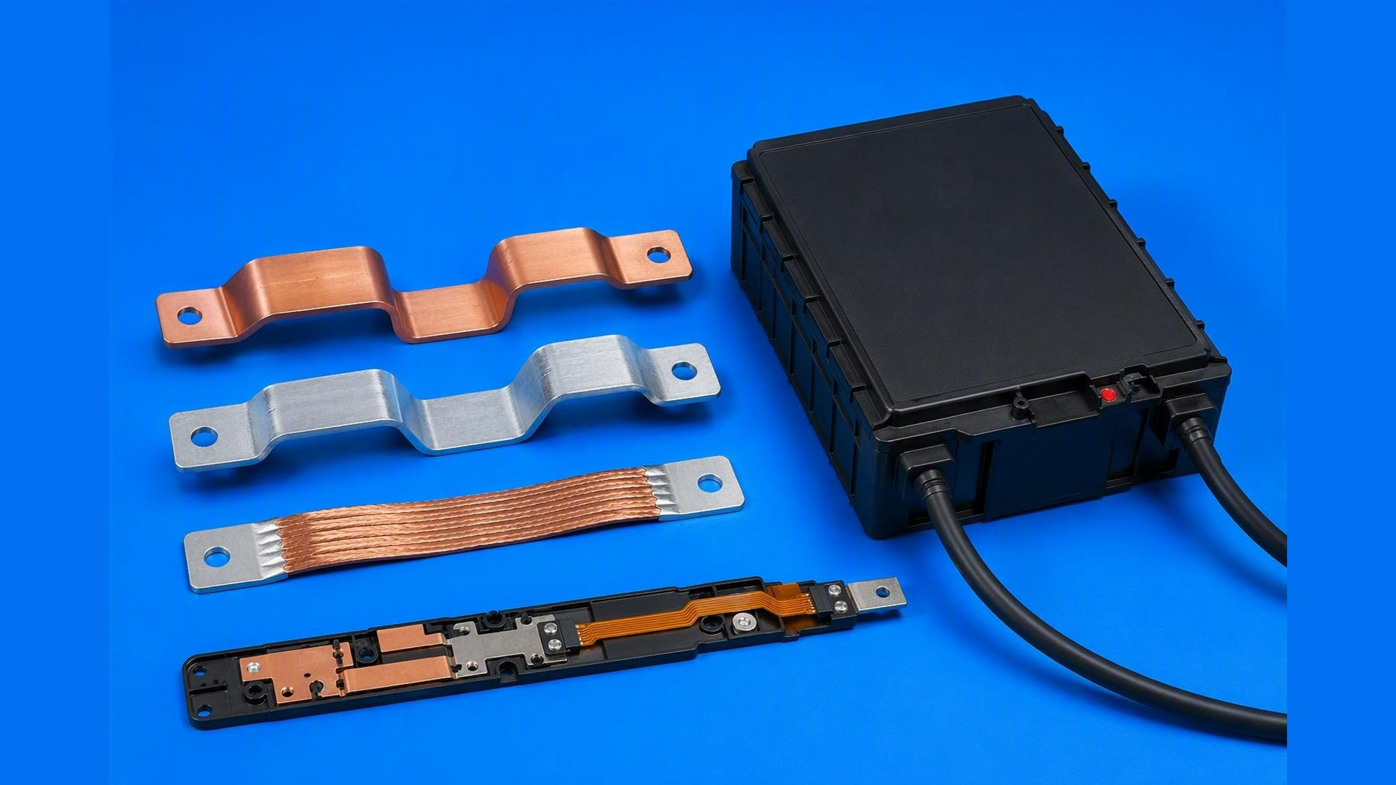 Battery module internal parts including busbars, connectors, structural carriers, and high-voltage interfaces