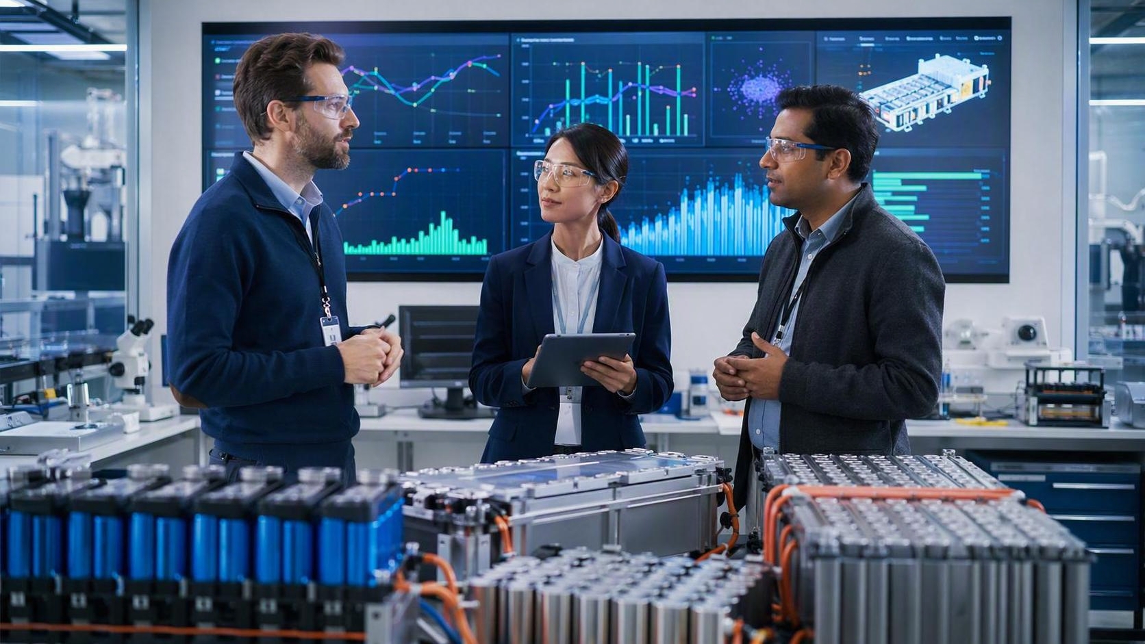 Battery engineering team reviewing pack modules and production data
