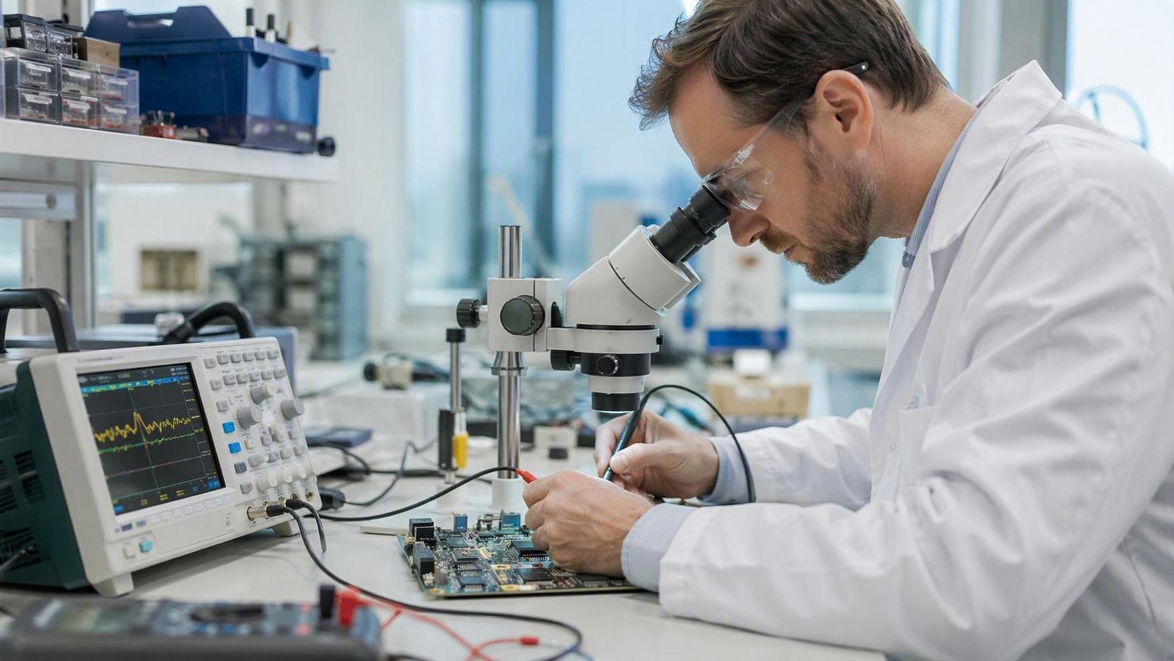 Engineer debugging battery-related hardware and PCB circuitry in a lab environment