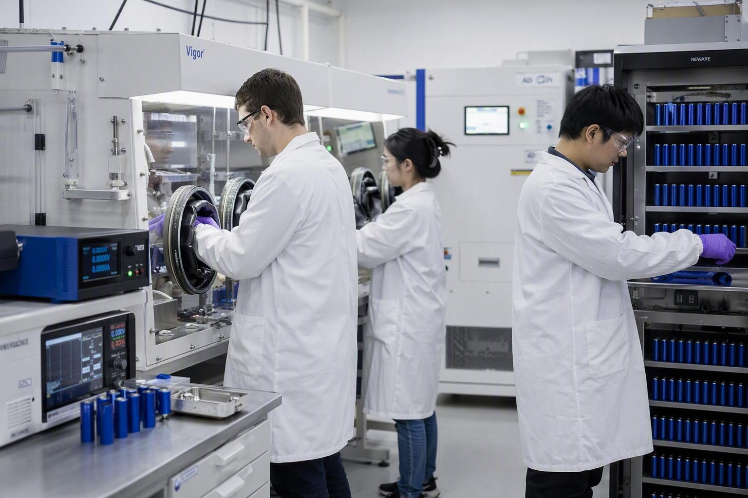 Battery cell laboratory with cylindrical cells and validation equipment