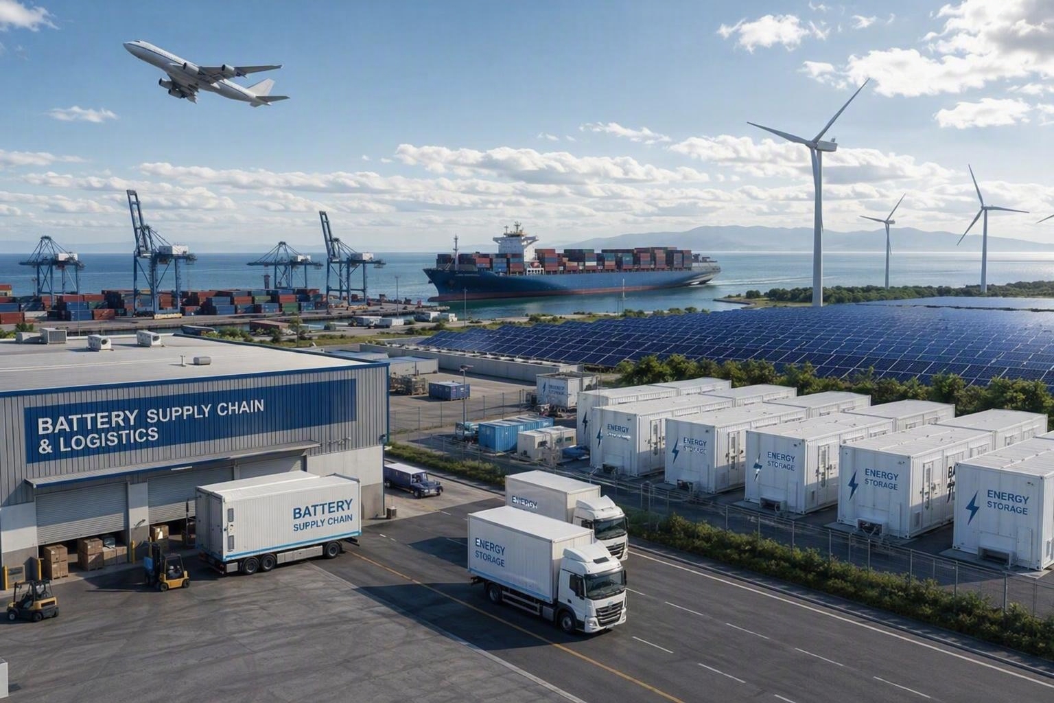 Global battery supply chain image with shipping, renewable energy and storage installations